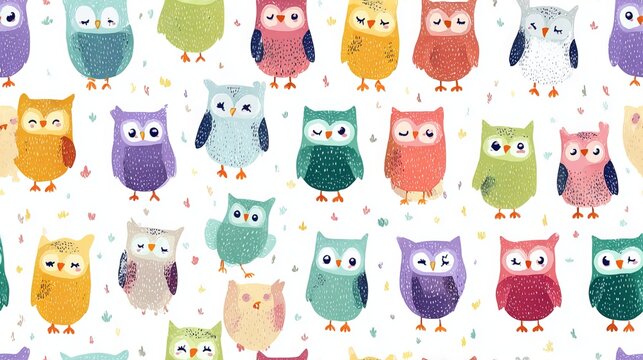 Flat owl folk seamless repeat pattern, cute decorative nursery design with soft colors on white or pastel background for textile and surface print