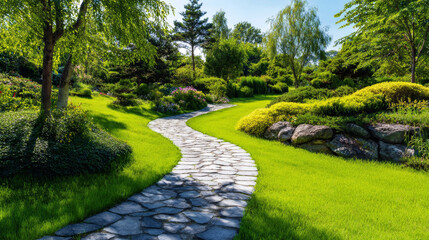 Naklejka premium Serene garden landscape featuring a winding stone path, bright green grass, and diverse plants under a clear blue sky