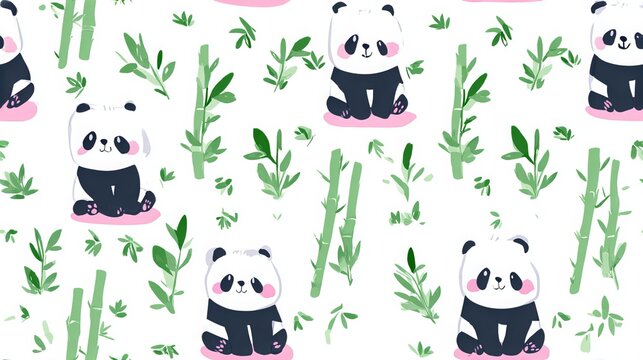 Cute cartoon panda with bamboo seamless repeat pattern, soft pastel nursery decorative design on white background for textile and surface print