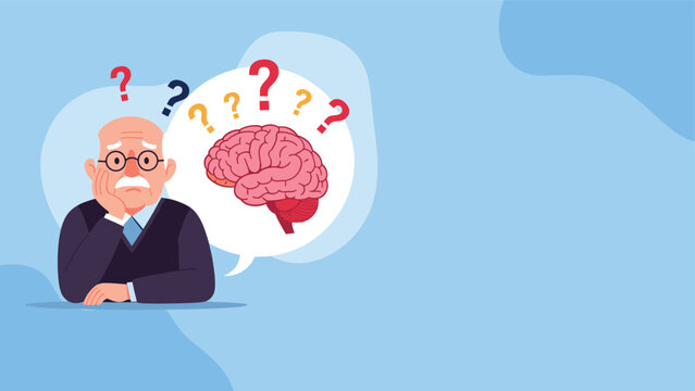 Elderly man deep in thought, with a brain and multiple question marks in a thought bubble, symbolizing memory loss, cognitive decline, or confusion.