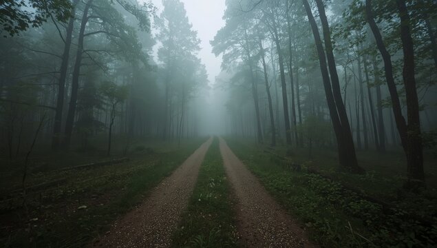 Camino rural en bosque con niebla y &aacute;rboles verdes en paisaje campestre oto&ntilde;al en madrugada nublada