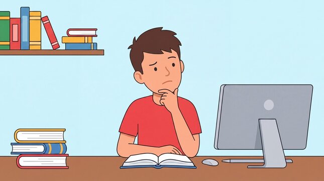 A boy in a red shirt sits at a desk, thinking deeply while studying &mdash; an open book lies in front of him, a computer monitor is to his right, and stacks of books are on the shelf and table