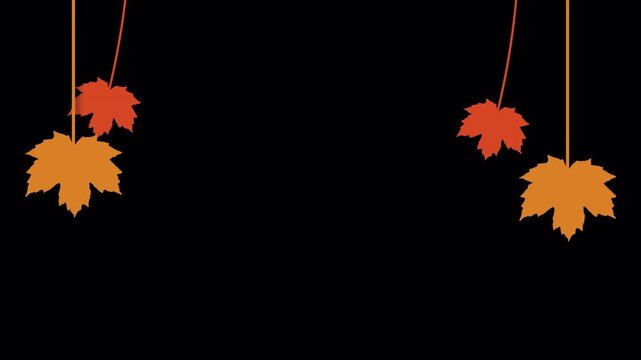 Autumn maple leaves hanging on strings, orange and red fall foliage animation, minimalist seasonal background for thanksgiving and harvest