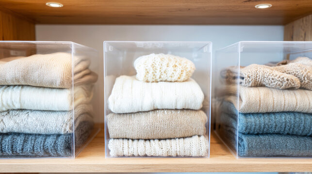 Neatly folded sweaters and knitwear stored in transparent containers on wooden shelves, embodying minimalist home organization
