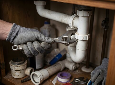 Plumber Repairing PVC Sink Drain Pipe with Wrench Under Kitchen Cabinet During Real Household Plumbing Service Work