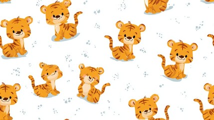 Obraz premium Cute cartoon lion cub seamless repeat pattern, soft pastel nursery decorative design with clean edges on white background for textile and surface print