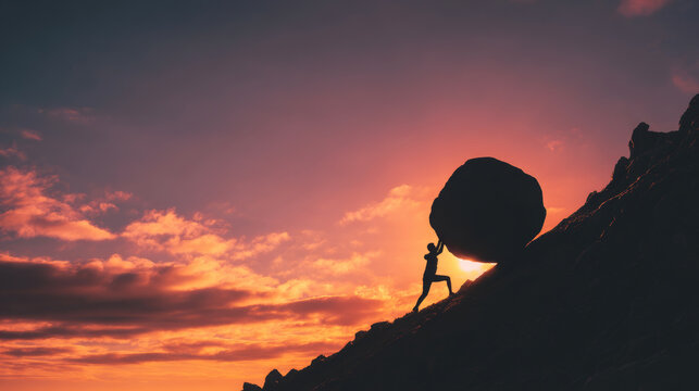 Silhouette person pushing large boulder uphill facing dramatic sunset sky, concept of perseverance, challenge, hard work, effort