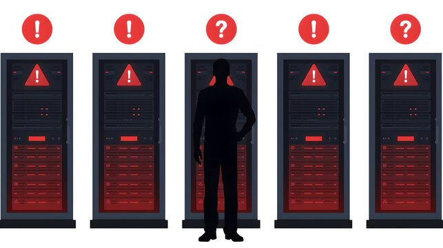 IT Engineer Silhouette Troubleshooting Server Room Errors and System Failure Alert