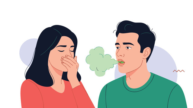 Woman covers her mouth in disgust as a man next to her exhales green, foul breath, depicting bad breath, oral hygiene issues, and social discomfort.