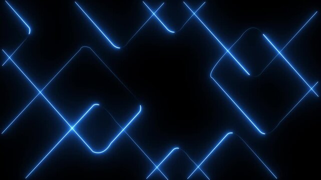 Abstract techno background with blue neon lights. Striped texture in cross shape for innovation concept. Seamless loop.4k video