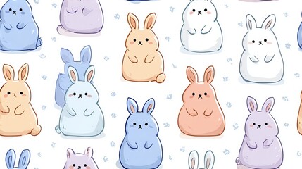Obraz premium Flat bunny seamless repeat pattern, cute nursery style decorative design with soft pastel colors on white background for textile and surface print