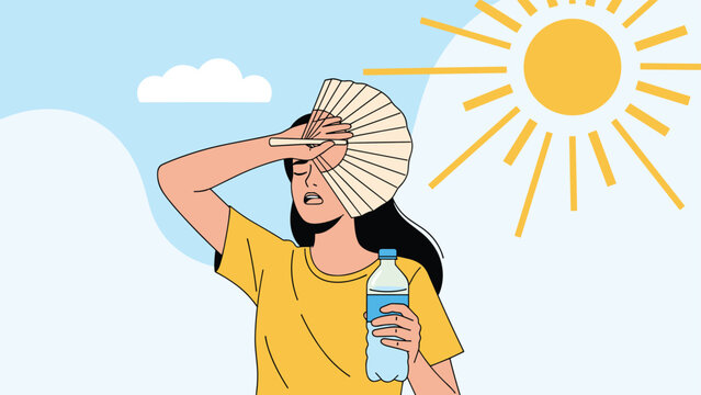 Woman fans herself and sweats, holding a water bottle under a scorching sun, depicting heatstroke, dehydration, and the intense summer heat.