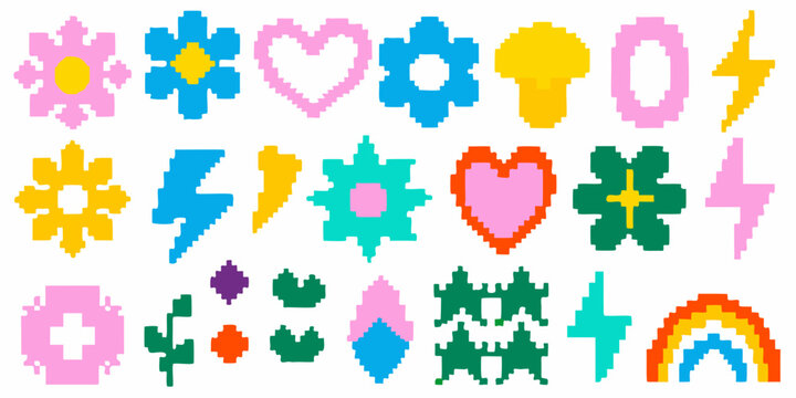 Colorful pixel art designs featuring flowers hearts and lightning bolts