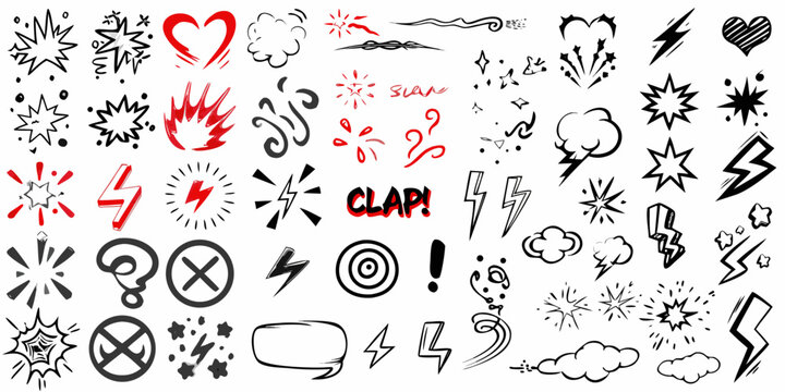 Collection of hand drawn doodle style comic book effects and symbols