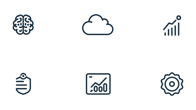Iconic Collection: A set of six unique icons. From the brain to the cloud, the data chart to the checklist, gear, and graph.
