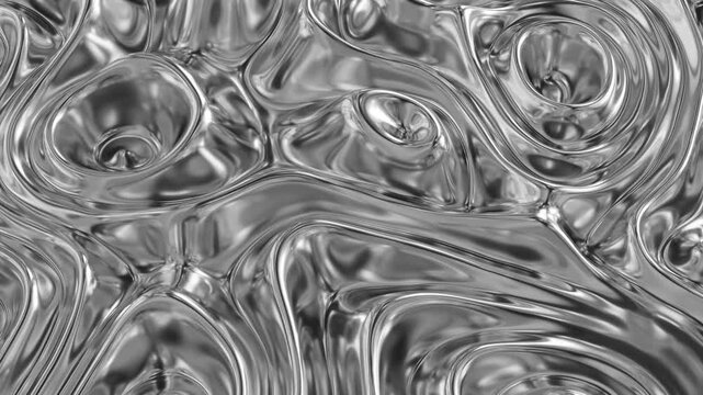 Abstract fluid texture of swirling liquid chrome metal waves with motion light effect. Seamless looping video. 4k psychedelic hypnotic graphics dynamic silver background