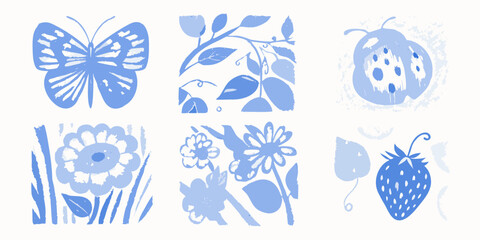 Blue botanical illustrations featuring butterflies flowers and a ladybug © NaderAli