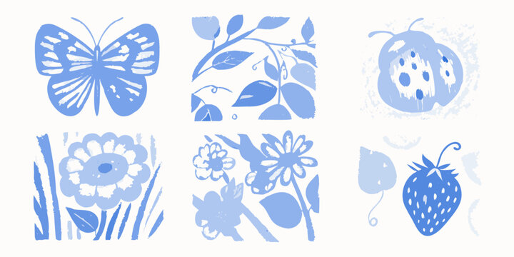 Blue botanical illustrations featuring butterflies flowers and a ladybug