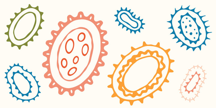 Colorful illustration depicting various shapes of bacteria and microorganisms