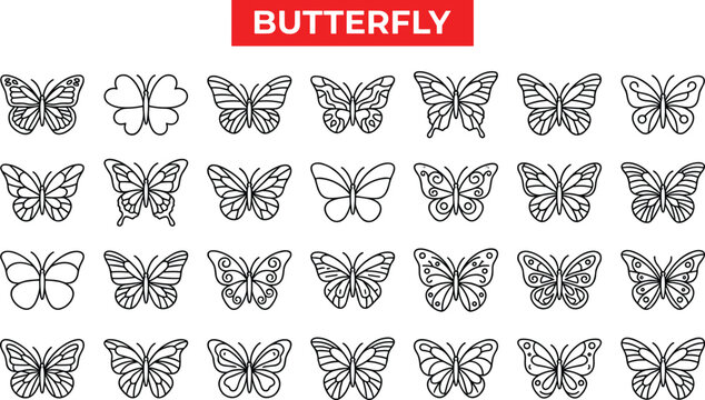 Butterfly line icon collection featuring various wing styles, decorative insects, nature elements and elegant symmetrical outline designs