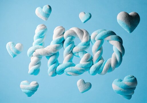 Twisted blue and white marshmallows are arranged to spell the abbreviation "HBD" on a bright blue surface.
