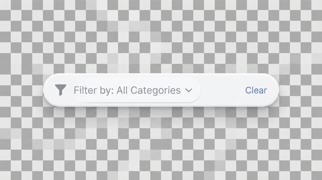Modern filter bar UI component for website and mobile application design, minimalist white search field with filter icon, dropdown menu and clear button, 3D soft shadow user interface design element