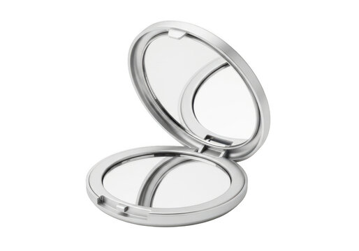 Open silver compact mirror isolated on transparent background