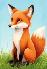 Obraz premium Cute red fox cartoon character in the grass