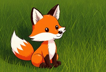 Fototapeta premium Cute red fox cartoon character in the grass