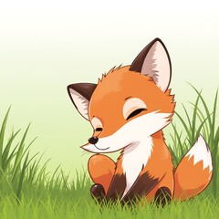 Obraz premium Cute red fox cartoon character in the grass