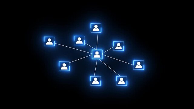 Organizational network structure with connected people icons on neon video, showing team collaboration, stakeholder mapping, social graph, and business communication on a light background.4k video