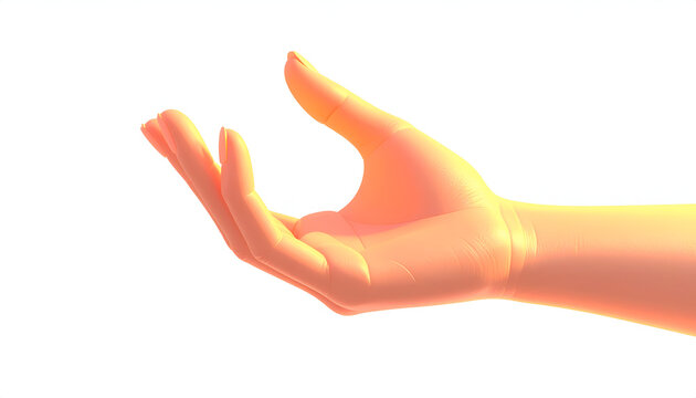 A digitally rendered human hand is presented in a gesture of offering or receiving, bathed in warm, diffused light against a stark white background.