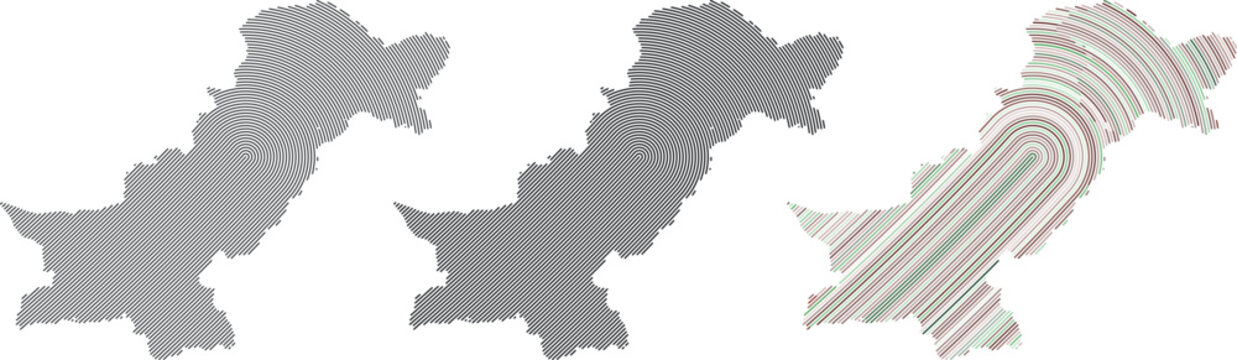 A collection of Pakistan country vector map with digital fingerprint line shape pattern in different style and color.