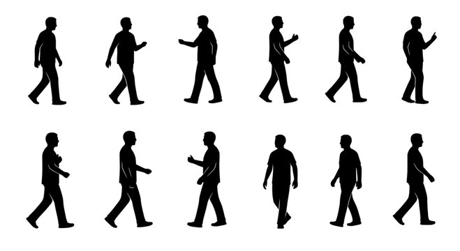 Man walking action silhouettes in varied poses, vector-style set for motion graphics, character design and UI icons