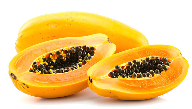 A vibrant close-up showcases two ripe papayas, one whole and one halved, revealing their bright orange flesh and numerous black seeds against a clean white background.