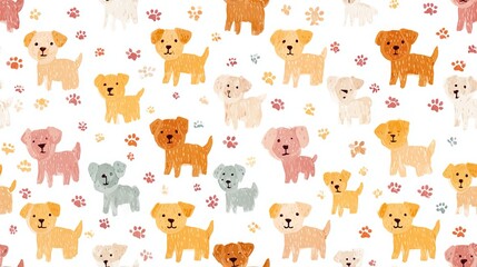 Obraz premium Flat puppy seamless repeat pattern, cute decorative nursery design with soft attractive colors on white or pastel background for textile and surface print