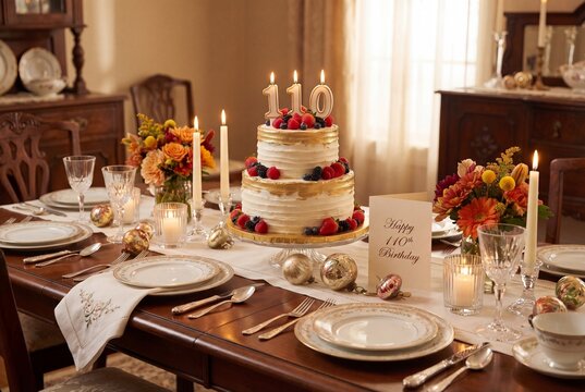 Elegant 110th Birthday Cake on Formally Decorated Dining Table