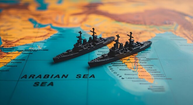 Naval ships patrolling Arabian Sea highlighting maritime security and social issues in South Asia from an overhead map viewpoint
