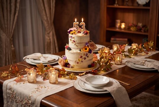 Elegant 53rd Birthday Cake with Lit Candles on Festive Dining Table