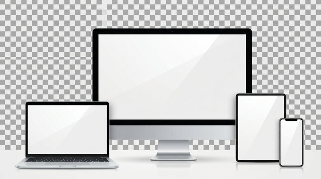 Realistic device mockup set, computer monitor laptop tablet and smartphone with blank white screens, electronic gadgets layout template, responsive web design presentation on transparent background