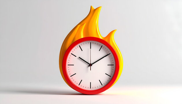A vibrant red clock is dramatically engulfed in bright yellow flames, symbolizing the fleeting nature of time.