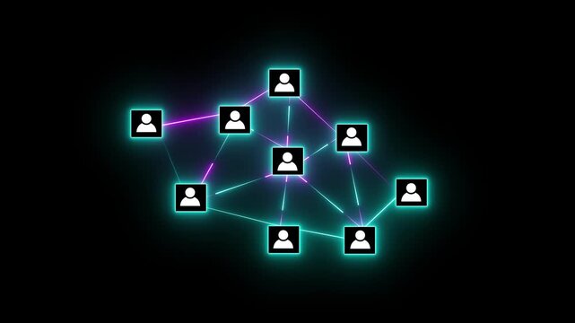 Organizational network structure with connected people icons on concept, showing team collaboration, stakeholder mapping, social graph, and business communication on a light background.4K video