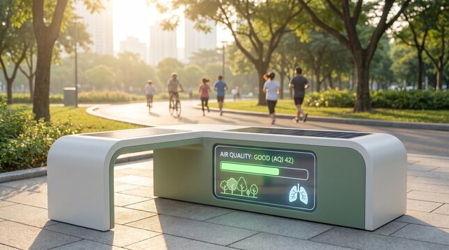 Smart city bench with digital display in park with people exercising and walking on pathway with trees and green grass