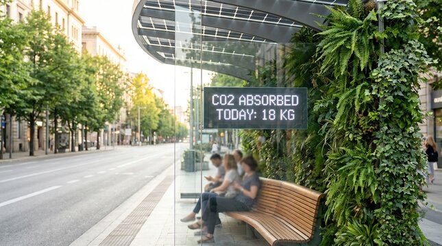 People sitting on a bus stop bench with green wall and co2 absorption sign in city street
