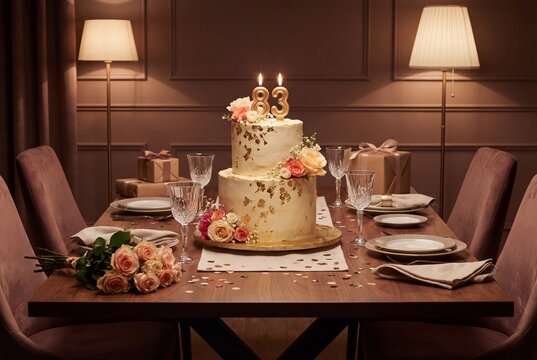 Elegant 83rd Birthday Cake with Gold Accents and Lit Candles on Table