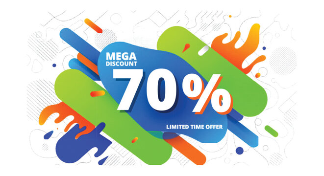 Mega discount 70 percent off sale banner, colorful abstract liquid shapes and splashes, limited time offer promotional vector background
