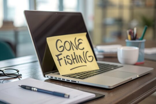 Yellow sticky note with gone fishing text attached to a modern silver laptop screen sitting on a wooden office desk