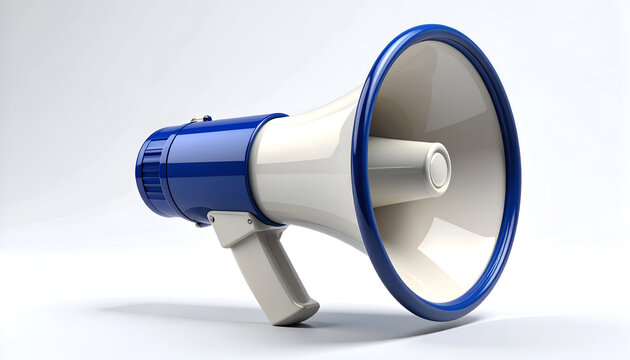 A blue and white megaphone rests on a clean white surface, showcasing its design and functionality.