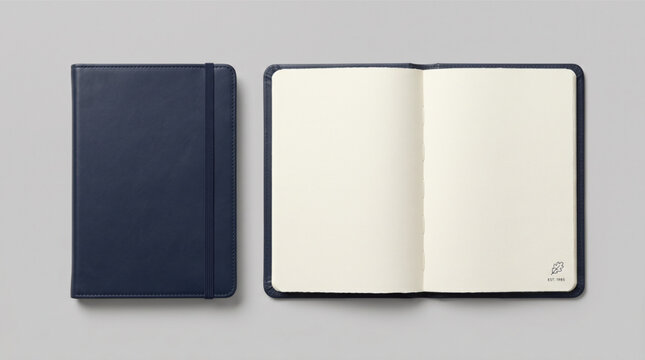 Premium dark blue leather notebook mockup set, closed journal with elastic band, open diary with blank cream pages, professional stationery, elegant office supplies, luxury minimalist paper book