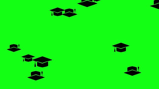 Seamless black graduation caps pattern on neon green background minimalist education concept flat design